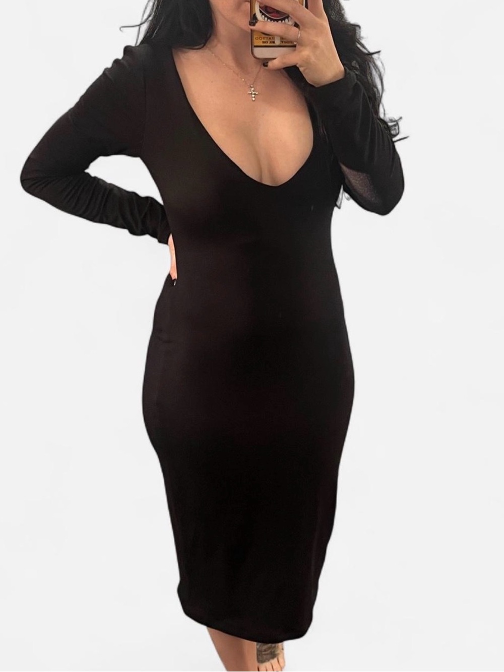Black Deep V-Neck Long Sleeve Bodycon Dress Midi